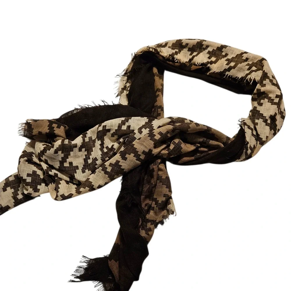 Houndstooth Scarf Beige Brown Women Fashion Accessory Wrap‎ Lightweight Shawl